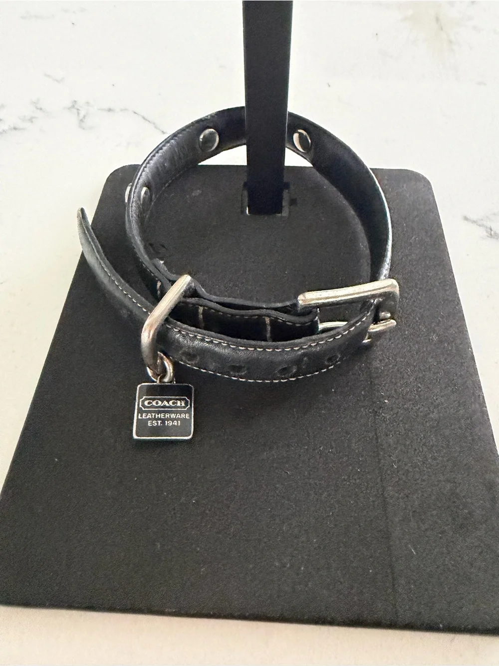 Coach Black Leather Dog Collar with Signature Tag and Silver Hardware